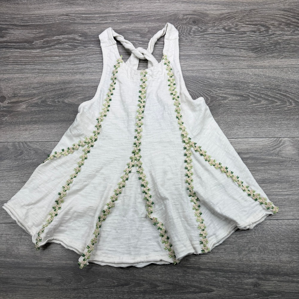 Free People Tank Top Womens XS White Floral Embroidered Braided Strap Swing Boho